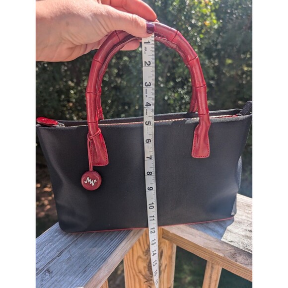 Monsac Designer Handbag Evening Red Leather Bamboo Strap Black Nylon Vintage - Picture 7 of 8